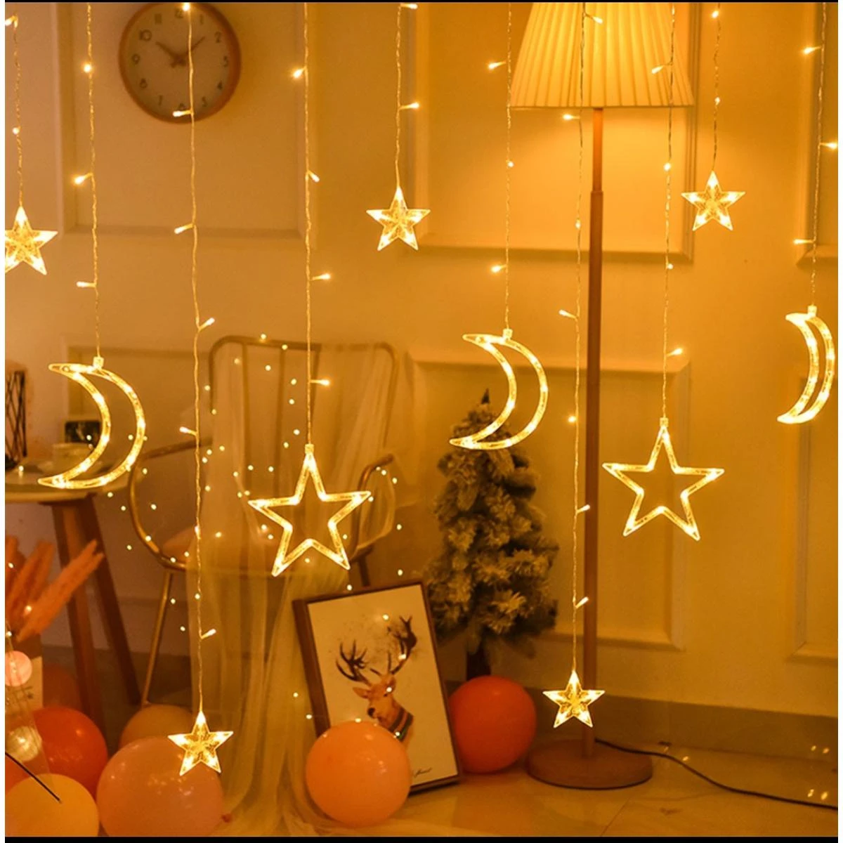 16ft Moon & Star LED Fairy Lights for Curtains – 3 Moons, 3 Stars, 6 Small Stars
