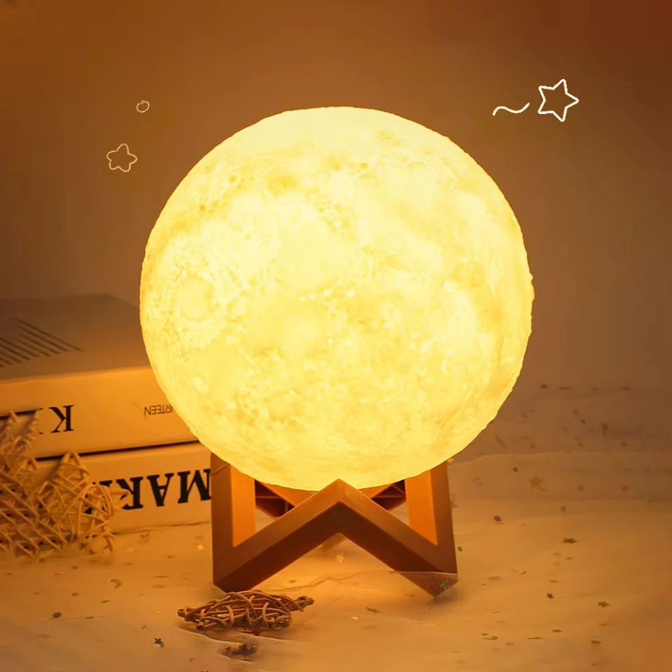 3D Print Moon Lamp Battery LED Night Light Warm Color Moon Lamp Children's Night Lamp Bedroom Decoration Birthday Gifts USB Charging Pat Night Light Led Touch Dimmable Bedside Lamps