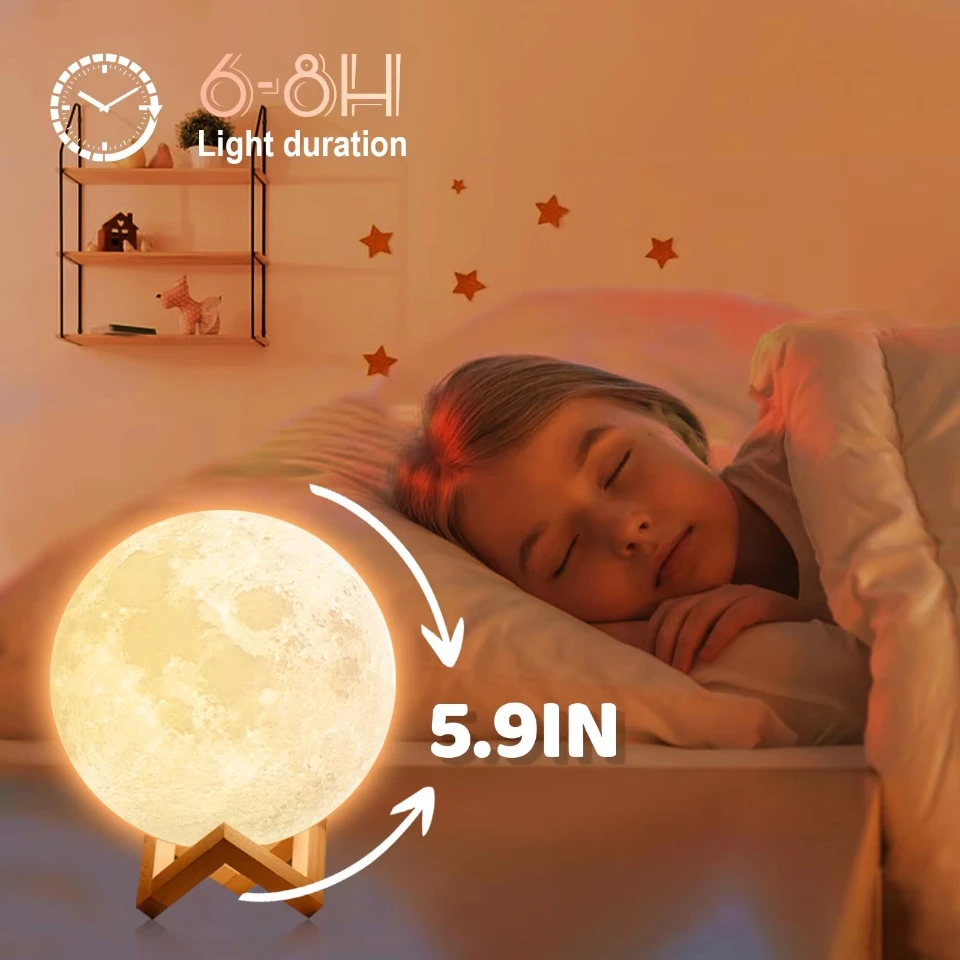 3D Print Moon Lamp Battery LED Night Light Warm Color Moon Lamp Children's Night Lamp Bedroom Decoration Birthday Gifts USB Charging Pat Night Light Led Touch Dimmable Bedside Lamps