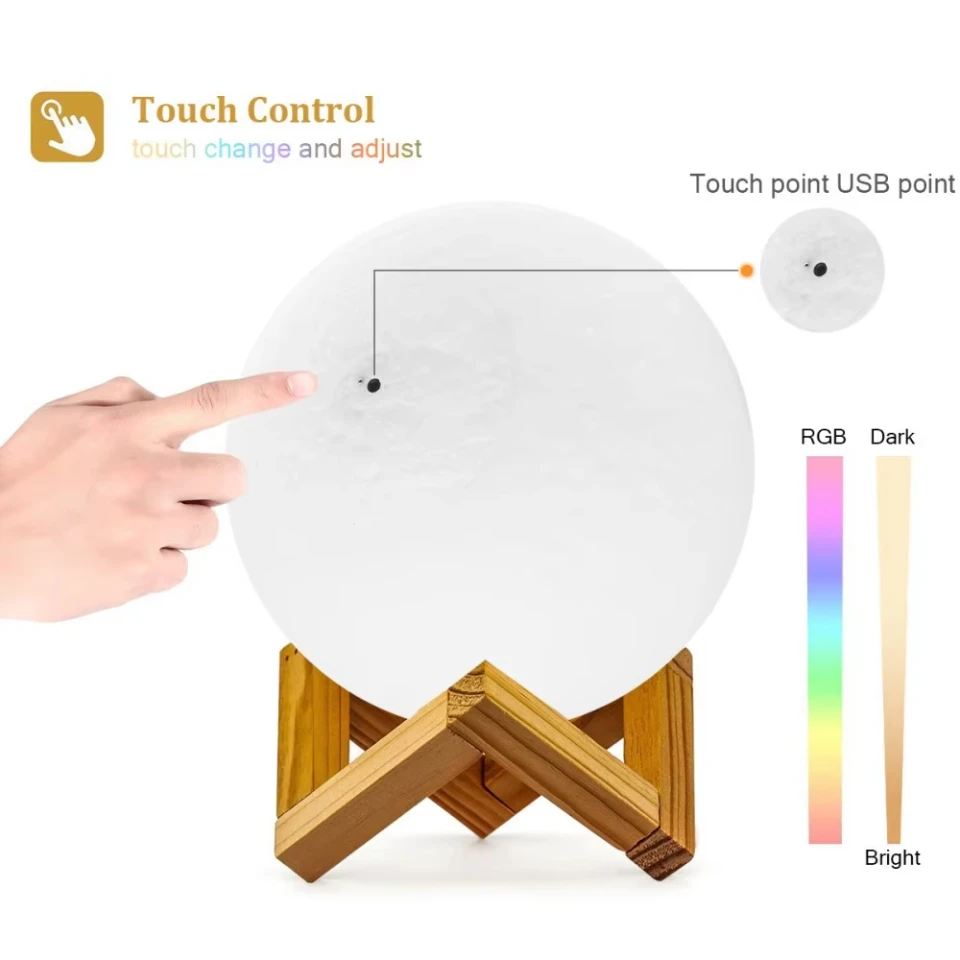 3D Print Moon Lamp Battery LED Night Light Warm Color Moon Lamp Children's Night Lamp Bedroom Decoration Birthday Gifts USB Charging Pat Night Light Led Touch Dimmable Bedside Lamps