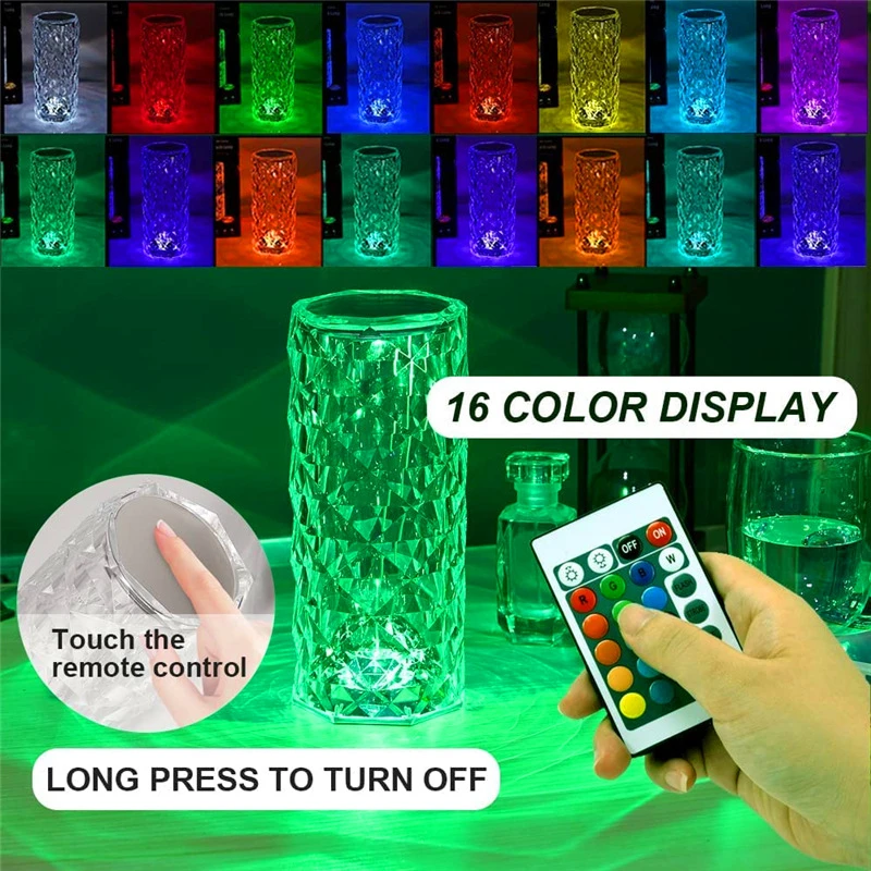 16 Color Crystal Rose Diamond Table Lamp Acrylic Table Lamp for Living Room Bedroom with Remote